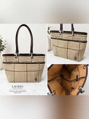 Ralph Lauren Beige & Brown Houndstooth Mini Tote